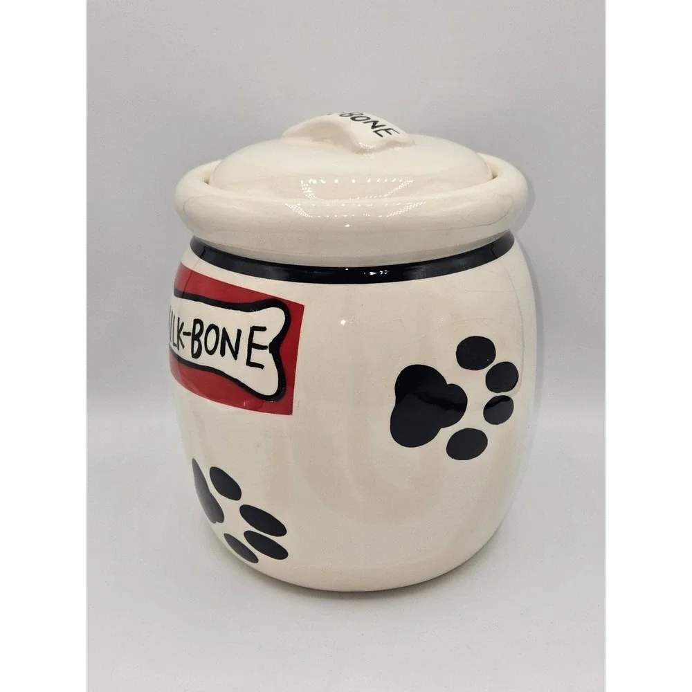 Milk Bone Ceramic Dog Treat Jar Paw‎ Print Lid Vintage Kitchen Canister